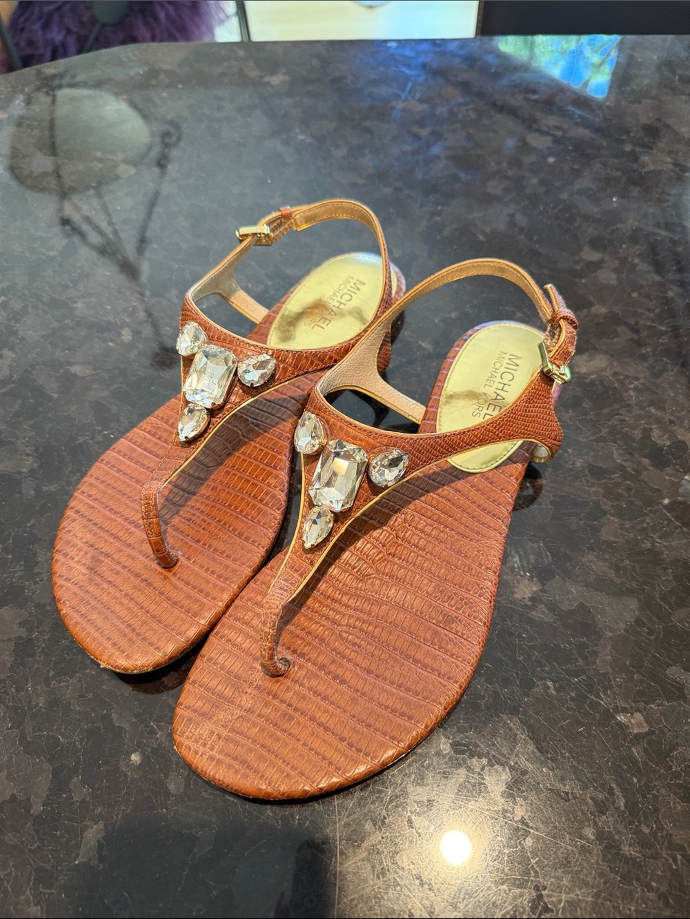 Michael Kors Brown Jeweled T-Strap Sandals